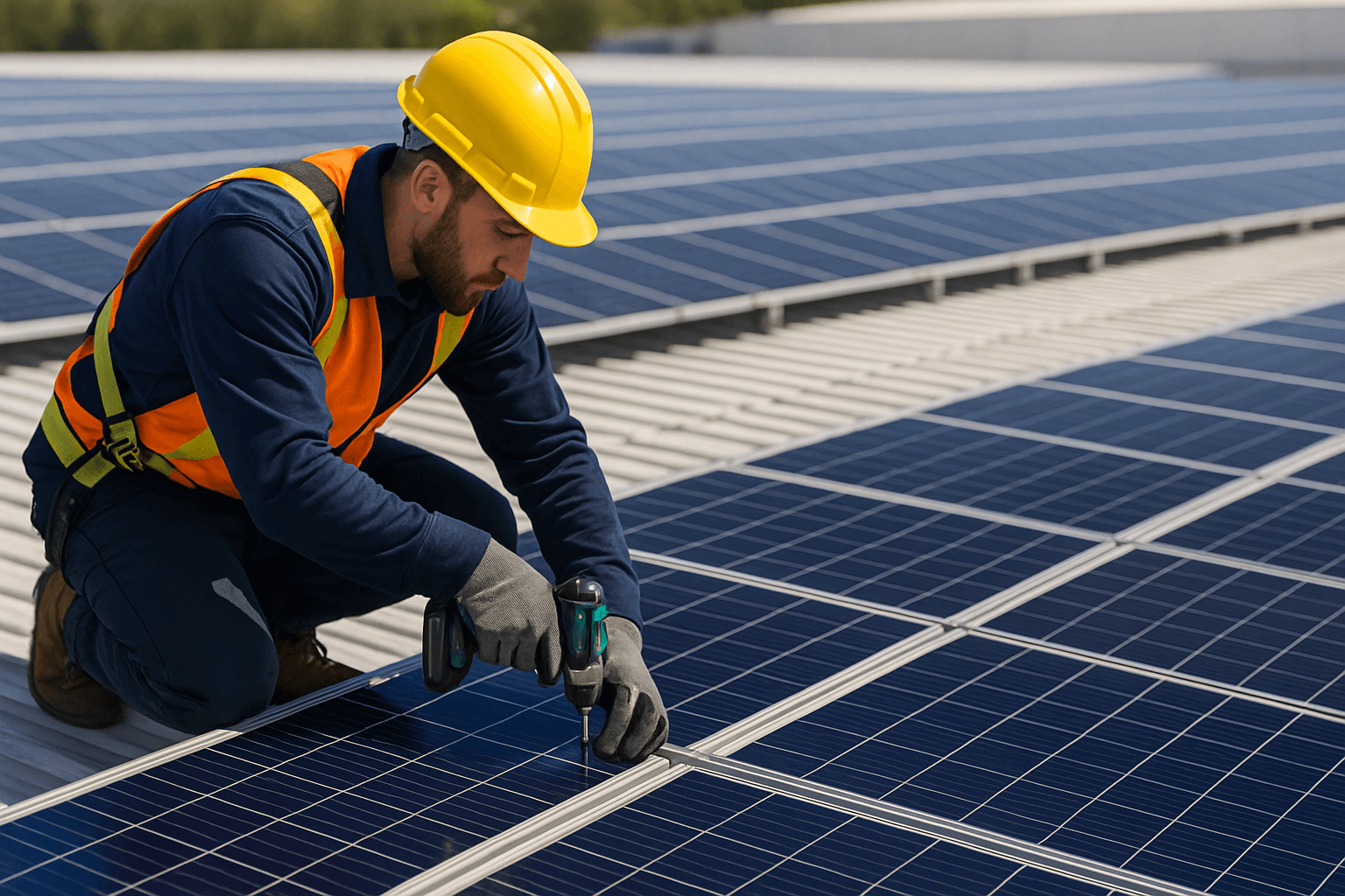 Installer working on panels on a commercial roof